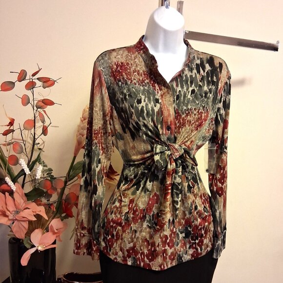 NWT Robert Kitchen Women's Burgundy Black Beige Printed Blouse Size 10 M - Picture 5 of 13